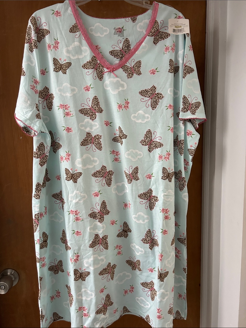 Secret Treasures   Light Blue Leopard Butterfly Print Nightgown Pink Trim